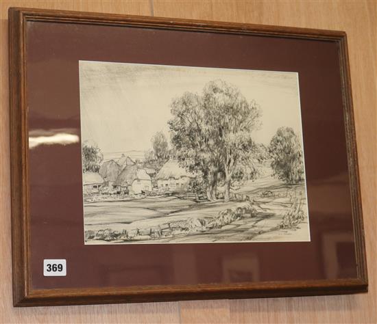 J.C. Moody, pencil drawing, view of a farm, 26 x 35cm and a print of children sleeping beside a sun dial, 34 x 24cm